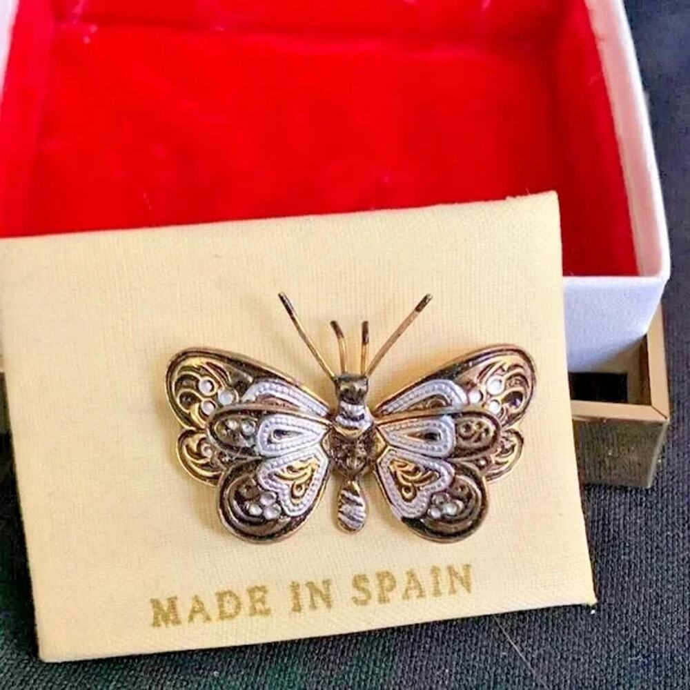 Vintage Spain Damascene Butterfly Brooch NOS Original Card & Box Toledo Two Tone - Picture 7 of 8